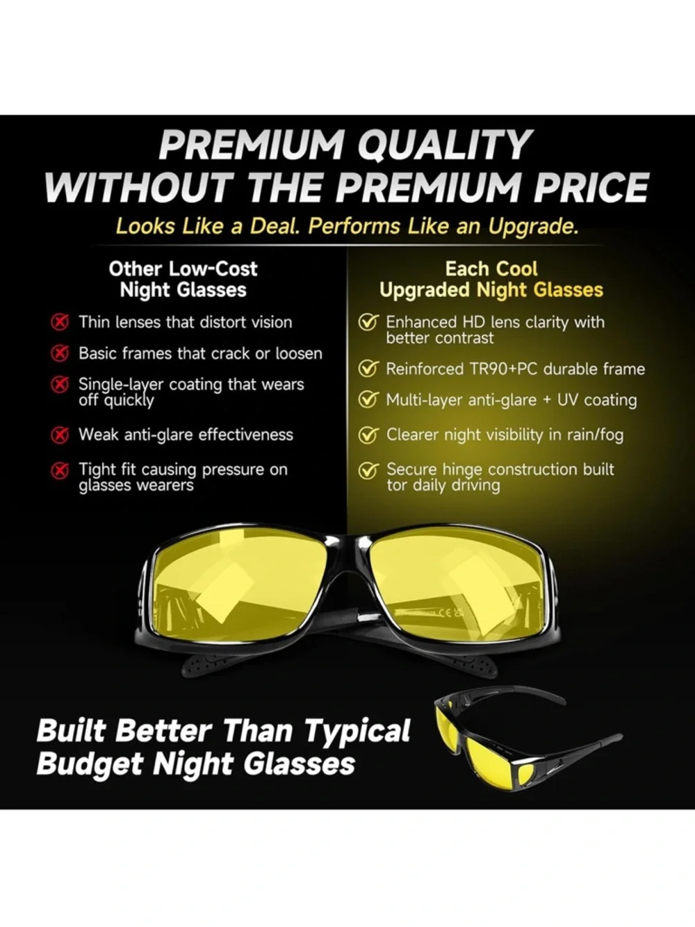 Night Driving Vision Glasses Fit Over Polarized Anti-Glare UV400 Men Or Women